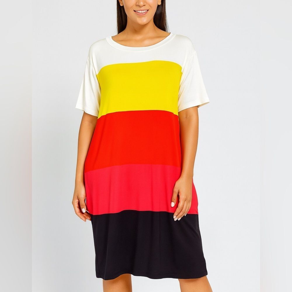 Misook Colorblock Striped Knit Midi Dress Pink Red Yellow Black Size 16